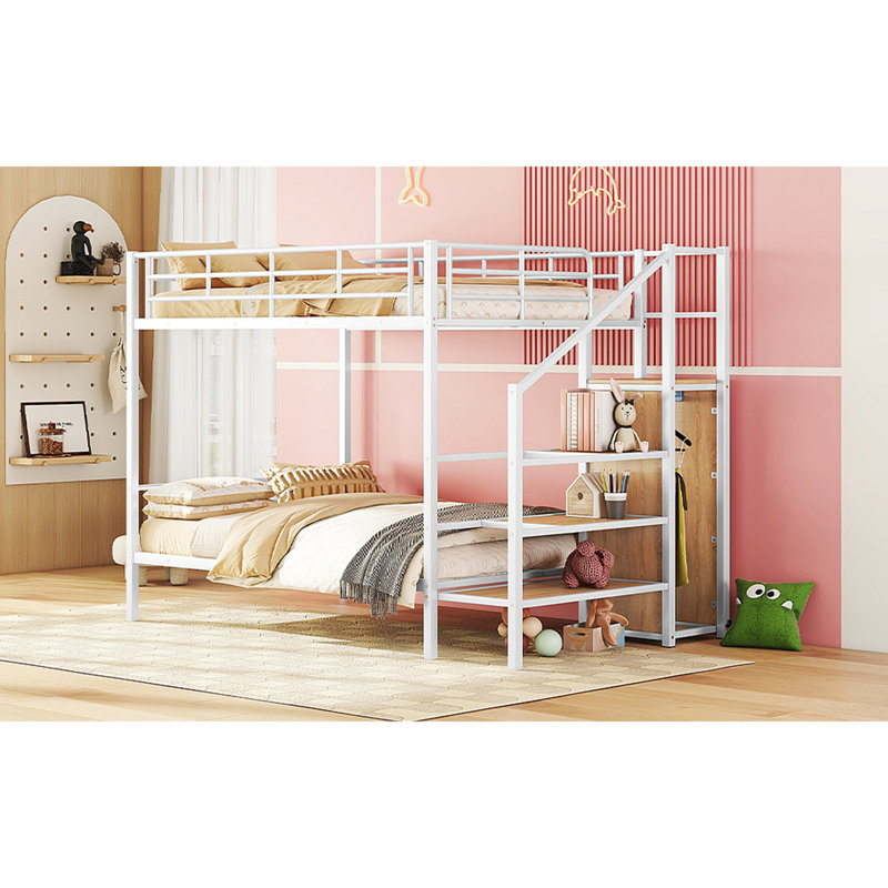 Lit superposé en métal avec échelle de rangement latérale et garde-robe, Blanc