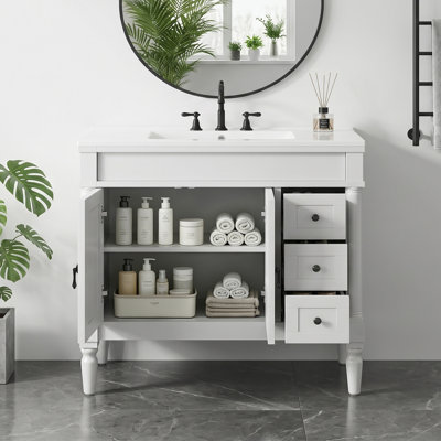 Meuble-lavabo en bois massif 36 po avec armoire de rangement en céramique