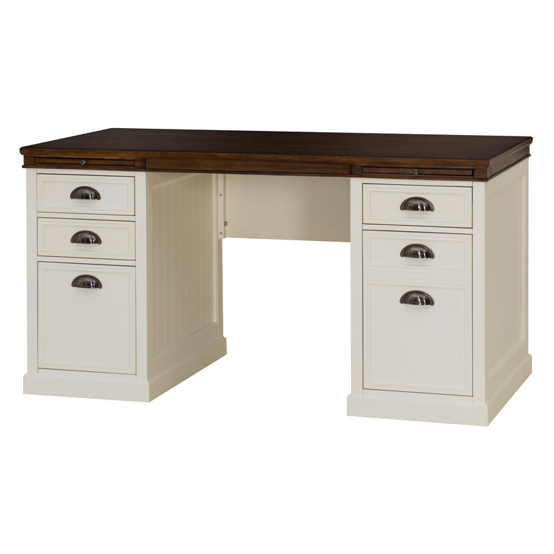Sunjoy 58’’ Richland Double Pedestal Desk, Home Office Computer Desk Work Station with Charging Station, Four Drawers, and One Cabinet