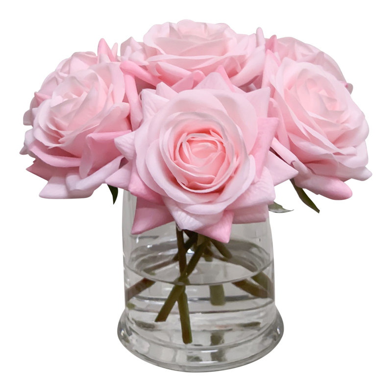 Real Touch Rose Arrangement In Glass Vase, Light Pink