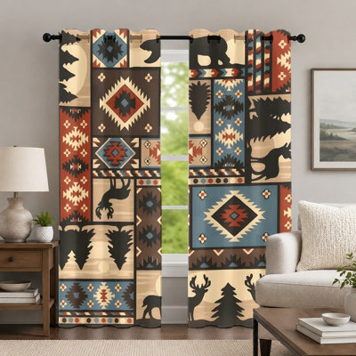 2Pcs Rustic Southwest Style Curtains, Tribal Pattern Curtain, Vintage Geometric Forest Animal Printed Art Grommet Drapes, Window Treatment for Bedroom Living Room Decor