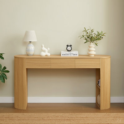 [Vidéo] Console rétro avec rangement, 3 tiroirs, 1 niche de pied de table, esthétique à lattes rondes, entrée, salon et couloir