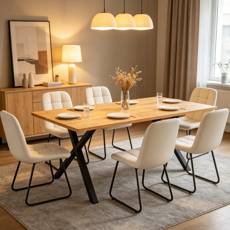 Costner 63" Modern Oak Dining Table Set For Small Spaces, 7-Piece Set With Rectangular Table & 6 Padded Leather Chairs, Compact, Sturdy & Easy To Assemble