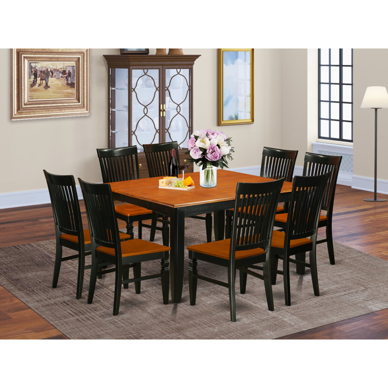 9 Piece Dining Table Set Includes a Square Dining Room Table with Butterfly Leaf and 8 Wood Seat Chairs, Black & Cherry