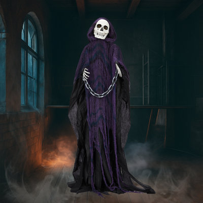 1x 6ft Halloween Animatronic Grim Reaper | Sound-activated With Creepy Sound, Red Led Eyes & Moving Head/hands, Chain Included | Easy Assembly, Fits Indoor/outdoor: Yard/garden/haunted House/halloween Party, Scary Halloween Props