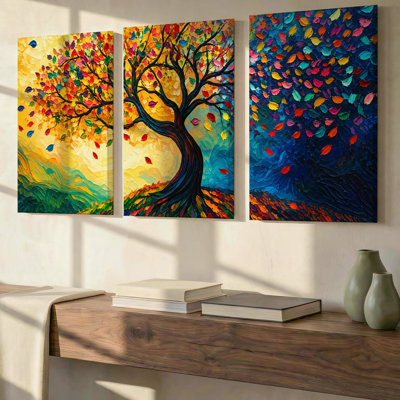 3 Pieces Exculisive Colorful Tree of Life Landscape Large Wall Art Vibrant Panorama, Modern Canvas Decor for Living Room, Bedroom, Office and Home