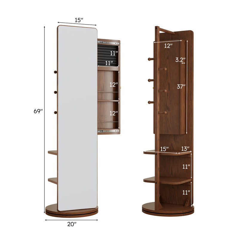Miroir pleine grandeur rotatif à 360 ° en bois massif avec armoire à bijoux et tablettes de rangement intégrées, Brun