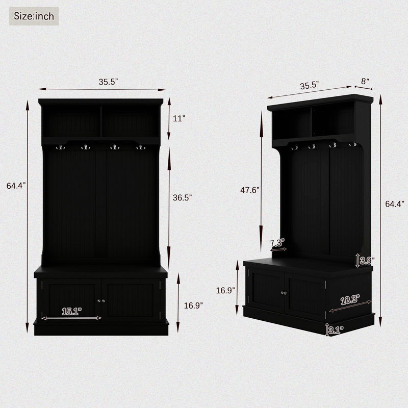 Kahmiyah Hall Tree 35.51'' Wide with Bench, Black