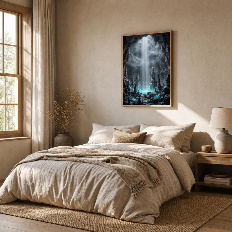 Intérieur d'une grotte avec eau bleue brillante et stalagmites, art mural sur toile, H 24 po x l 18 po