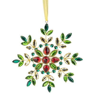 6.5-Inch Green and Red Gem Stone Snowflake Christmas Ornament