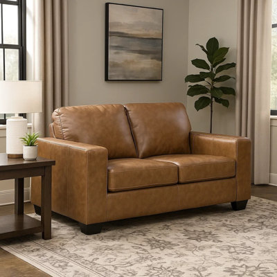 Miller Loveseat, Plush Caramel Brown Real And Faux Leather 62 Inch