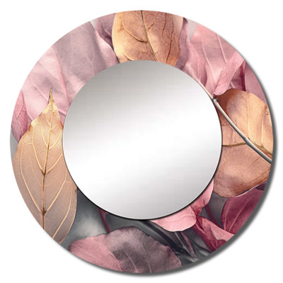 Gold Pink Leafs Harmony II - Floral Unique Wall Mirror, Gold Round Mirror, Printed Metal Art