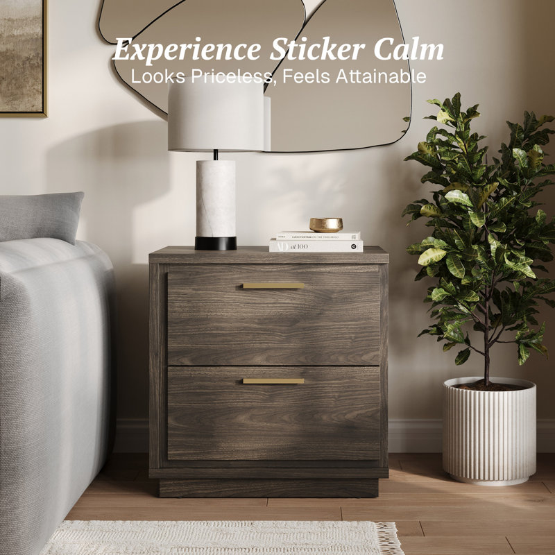 Set of 2 Nightstand with 2 Drawers & Rose Gold Handles, Brown