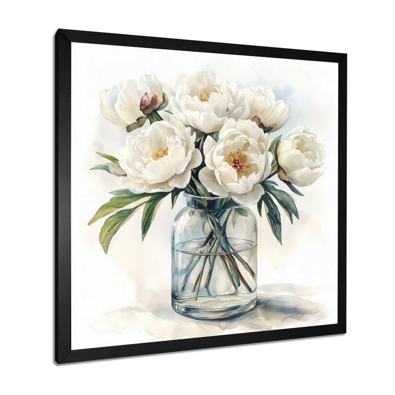 Mimalisme, pivoines dans un vase en verre I - pivoines, art mural sur toile, Reproduction encadrée d'une seule photo, Noir