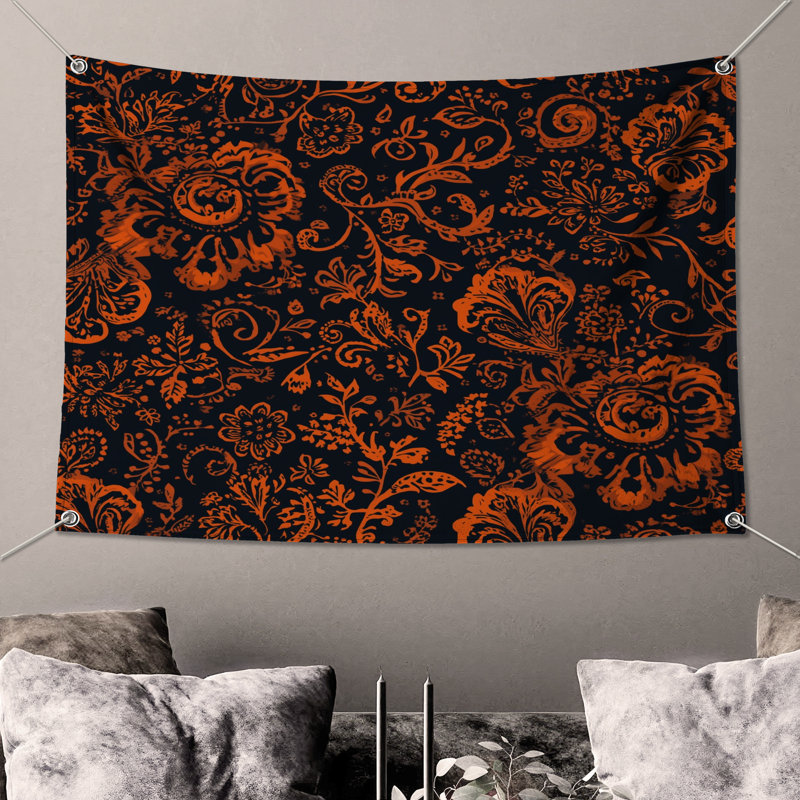 Tapisserie murale orange à motif floral - décoration murale florale, 50in H x60in W with 4 Grommets