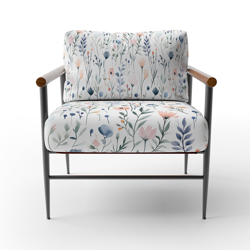 Chaise d'appoint à motif floral - bleu et vert, Bras ronds bruns