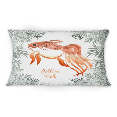 Coussin décoratif imprimé rétro Vintage Golden Fish entouré de plantes vertes