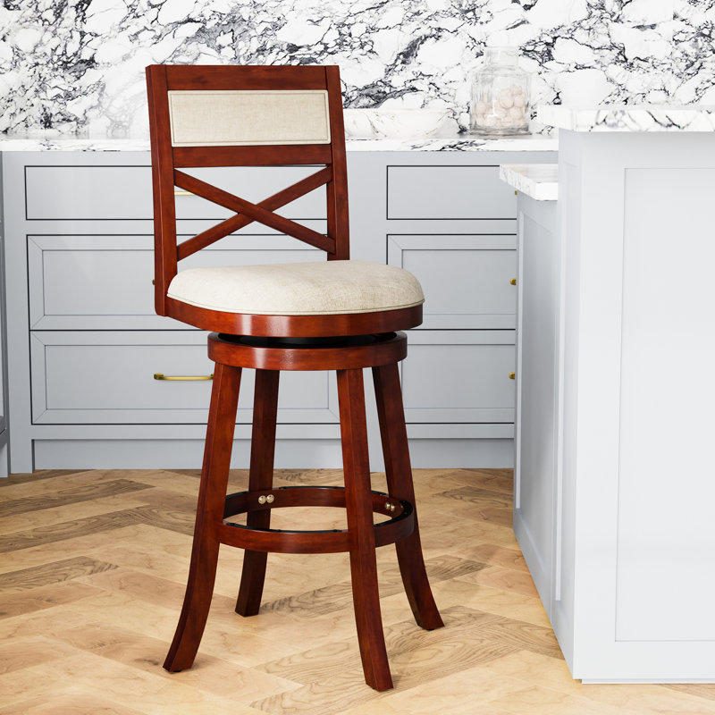 Tabouret en cerisier, siège en tissu beige pour magnifique siège pivotant en cerisier avec housse souple