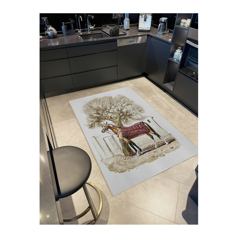 Tapis décoratif lavable à motif arbre et cheval, Sous-tapis rectangulaire 4 pi 7 po x 6 pi 7 po inc