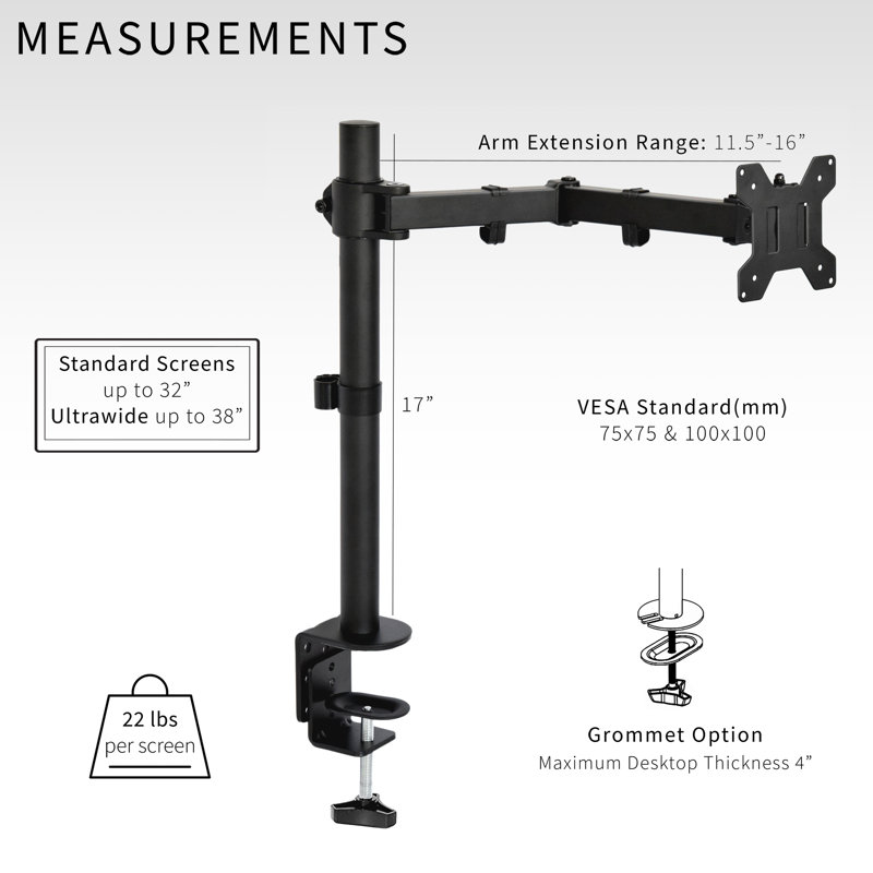 Black Adjustable Aluminum and Steel Desk Mount for 13"-27" Monitors