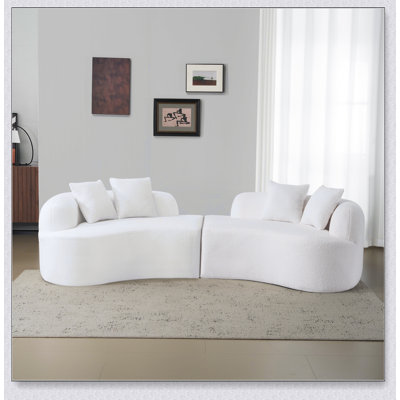 Curved Four Seater White Full Compression Sponge Sofa, Teddy Velvet Fabric, No-Assembly Compact Sofa for Small Spaces & Apartments