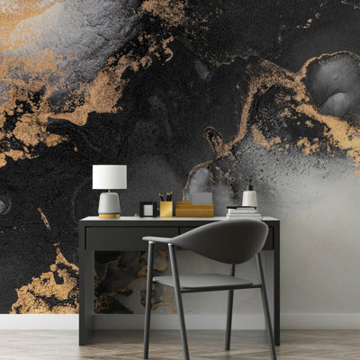 Murale en marbre noir et or | Papier peint luxueux en pierre | Non-tissé ou pelez et collez