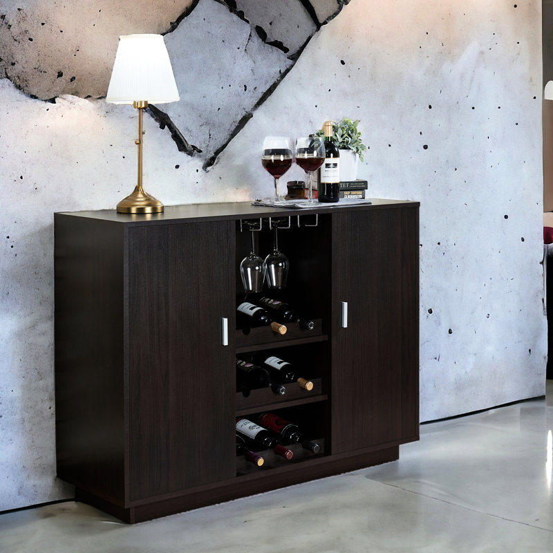 Meuble de rangement rectangulaire pour le vin, avec espace pour la vaisselle et les bouteilles, idéal pour la buanderie ou la présentation.
