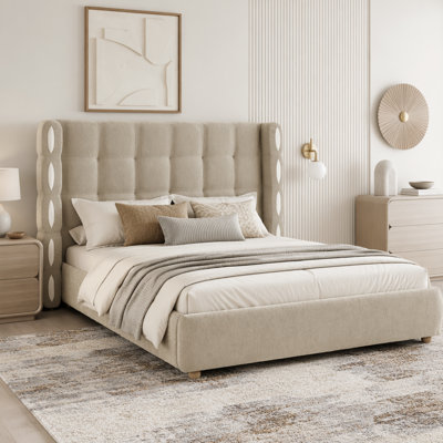 Chenille Wingback Upholstered Waffle Bed, Deluxe Gas Lift Platform Bed with Large Under Bed Storage
