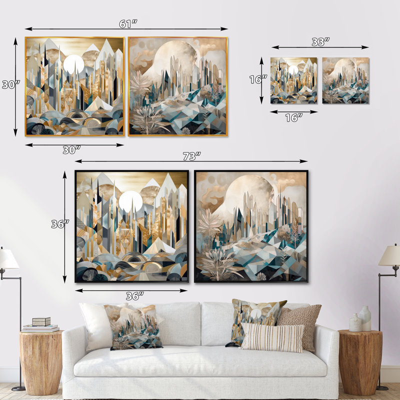 Harmonie géométrique dorée et blanche - ensemble de 2 collages carrés de paysages abstraits, Cadre flottant noir