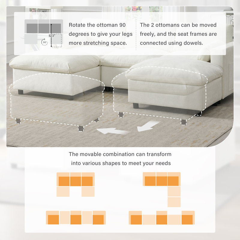 86.5'' Chenille Modular Sectional Sofa with Storage Pockets, 5 Seat U Shaped Couch Set with 2 Movable Ottoman, White