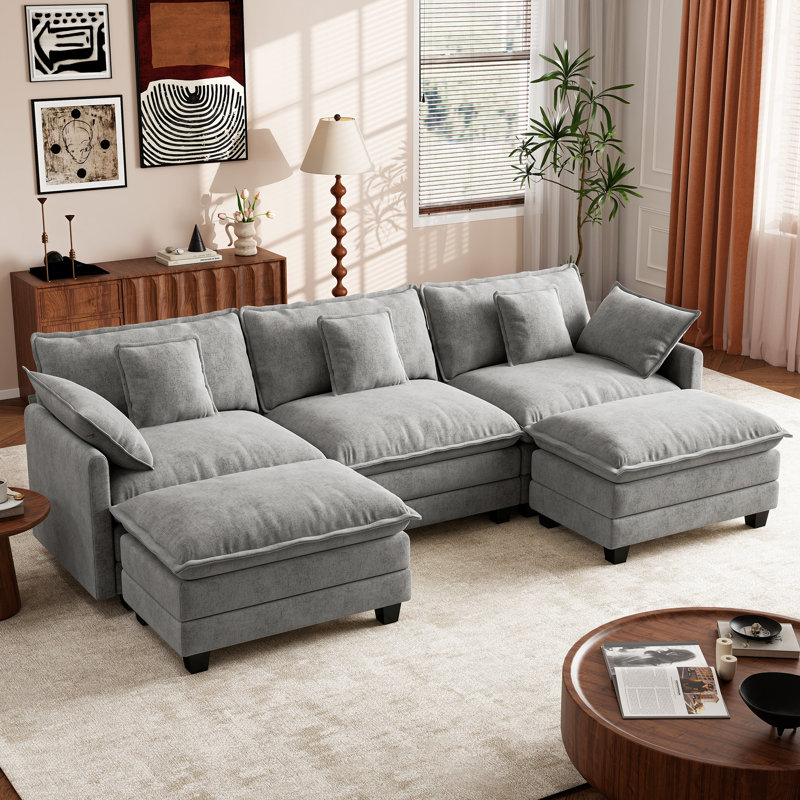 Canapé modulaire en U en chenille de 111,5 po avec 5 repose-pieds George, Gris