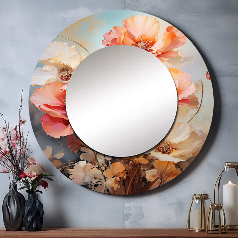 Shadarius Coral Poppies Romantic Impression III - miroir décoratif coquelicots, grand miroir mural rond corail, impression sur métal