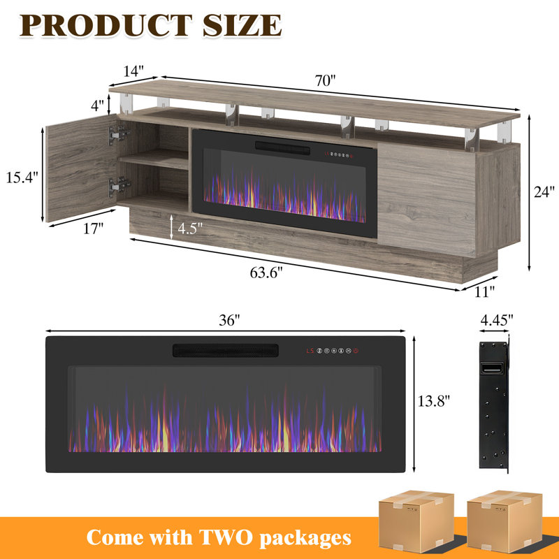 2 Tier High 70" Gloss Tv Stand With Electric Fireplace, Gray/Black