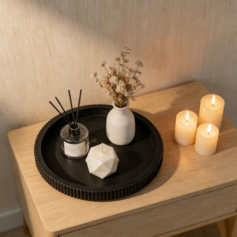 Decorative Tray For Coffee Table, 12 Inch Round Centerpiece Tray With Scalloped Edge For Home Decor, Modern Farmhouse Wood Tray For Living Room, Dining Table, And Kitchen Island