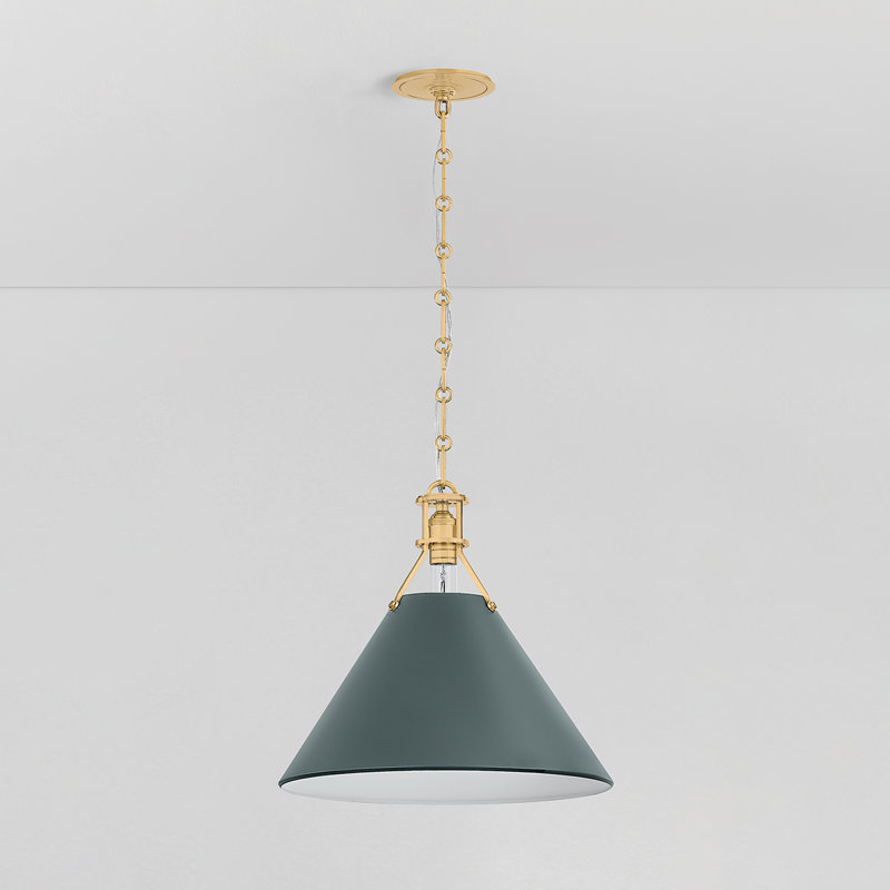 Painted No. 2 Pendant in Aged Brass and Blue Bird by Mark D. Sikes, Brass, Soft Studio Green, 14.75" H x 16" W x 16" D