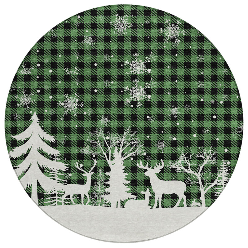 Tapis intérieur lavable rond 8 pi vert et noir ivoire