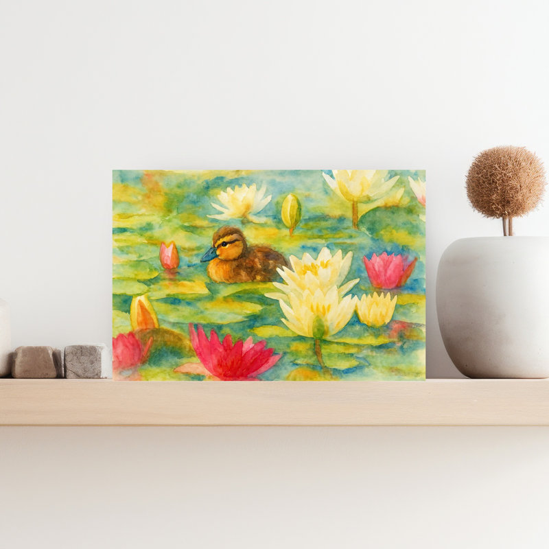 Canard serein nageant à travers des fleurs de lotus vibrantes, H 18 po x l 12 po