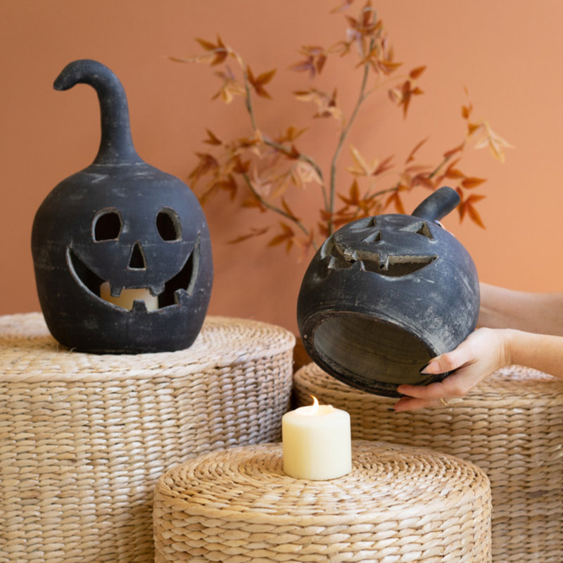SET OF TWO BLACK CLAY JACK-O-LANTERNS
