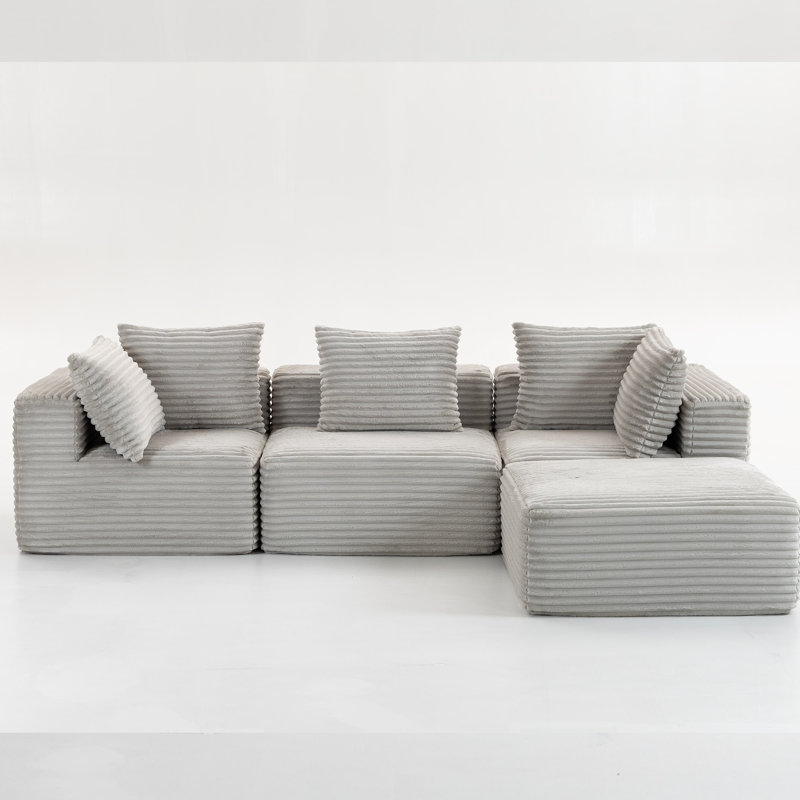 111.02" Wide 3-Piece Corduroy Fabric Upholstered Compression Sofa Set with Ottoman & 5 Pillow , Zero Assembly Required