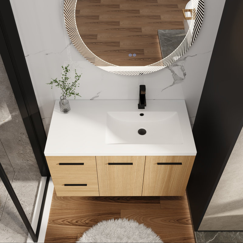 Meuble-lavabo mural 36 po en chêne clair avec lavabo droit, 2 portes et 2 tiroirs