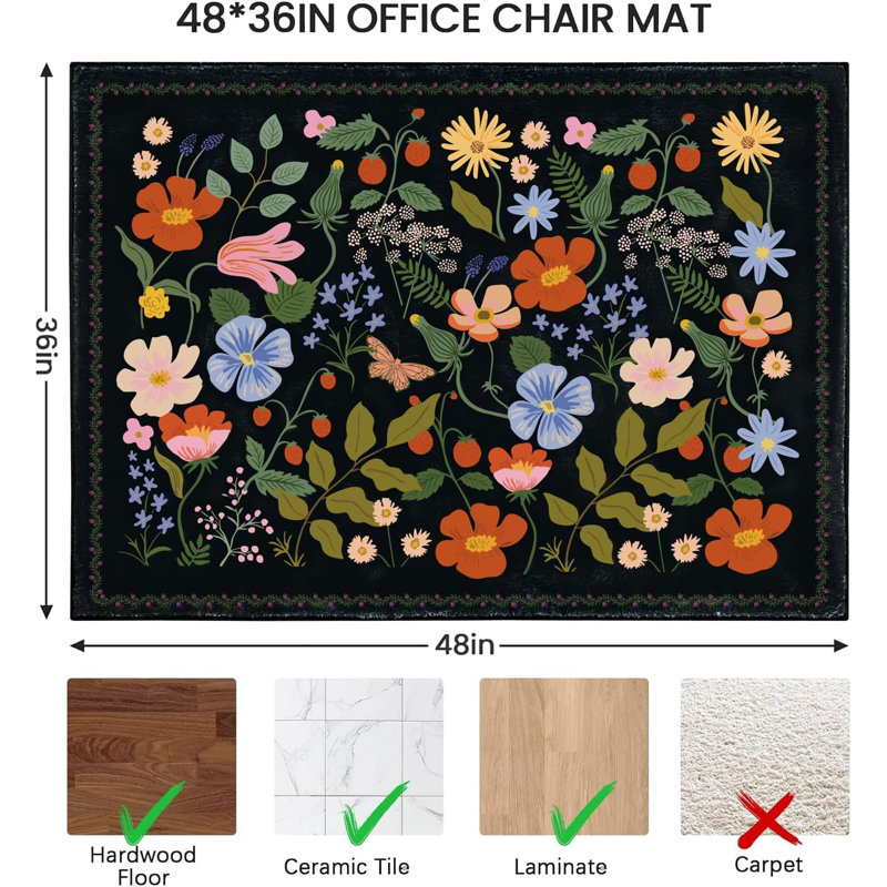 Office Chair Mat For Hardwood/Tile Floor Carpet, 36"X48" Computer Desk For Rolling Chairs Protector Gaming Non Slip Under TPR Backing Rug(Colourful Spring Flowers B)