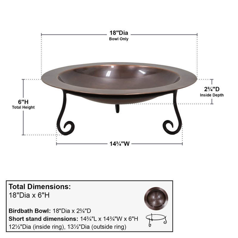 18" Antique Copper Birdbath with Wrought Iron Stand