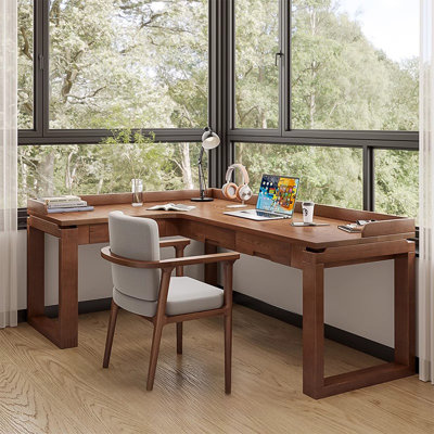Nordic Style Brown Pine L-Shaped Corner Desk, Solid Wood Office Writing Table for Bedroom & Study