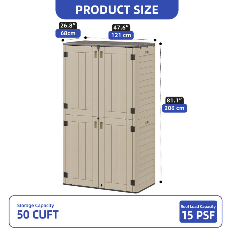 High Density Polyethylene Horizontal Storage Shed, Beige, 81.10" H x 47.60" W x 26.80" D