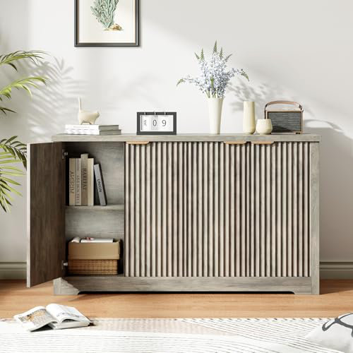 Grande armoire-buffet cannelée avec rangement décoratif, crédence moderne de 55 po avec tablettes réglables, Gris