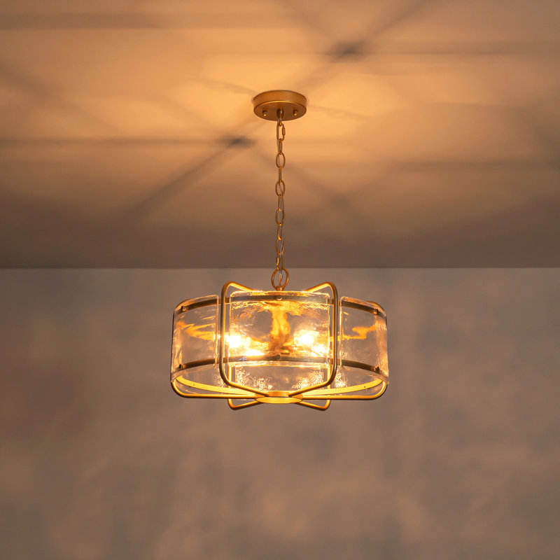 Lustre tambour 4 lumières en verre d'eau, Doré