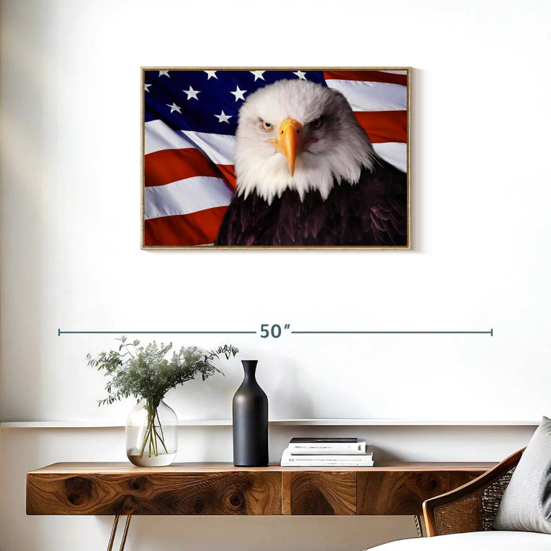 Drapeau américain, aigle à tête blanche, 31 po x 21 po, Cadre flottant en bois naturel