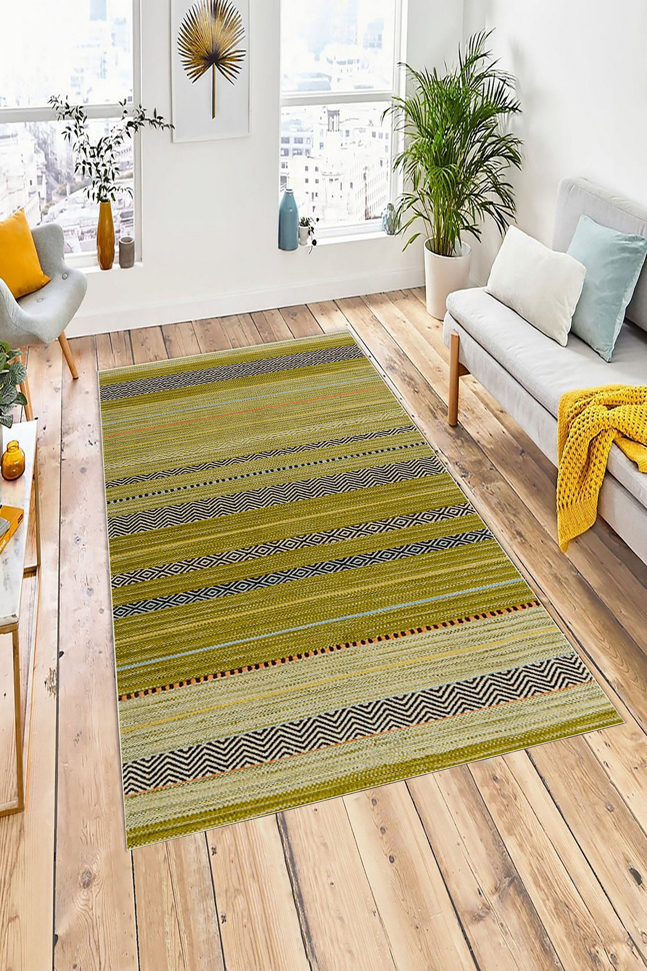 East Urban Home Rectangle Storyvale Striped Machine Braided Polyester Area Rug in Green/Gray | Wayfair