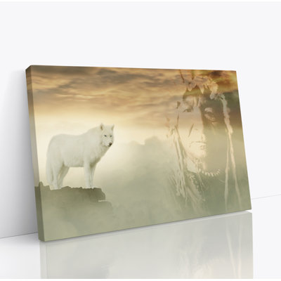 Wolf & Native American Red Chief Spirit - Wrapped Canvas Print