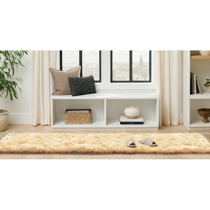 Haja Yellow Fluffy Faux Sheepskin Fur Shag Area Rug, Runner 2' x 10'